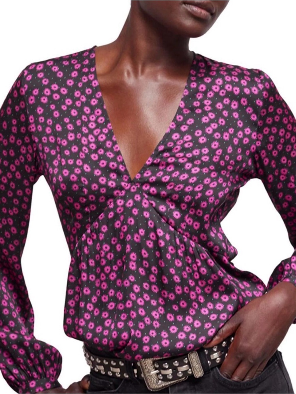 The Kooples Dark Floral V-Neck Blouse Black Pink Boho Chic Peplum Top Sz 8